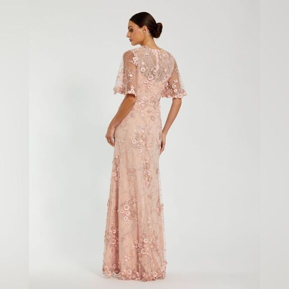 MAC DUGGAL 68810 Pink Flutter Sleeve Floral Embroidered Net Gown Dress - Picture 4 of 13